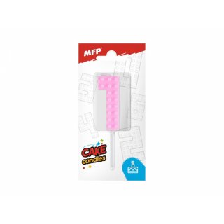 Dortová svíčka, ČÍSLICE 1, lego design, růžová barva (zn. MFP)