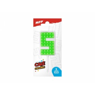 Dortová svíčka, ČÍSLICE 5, lego design, svítivě zelená barva (zn. MFP)