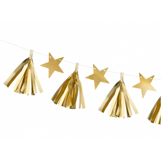 Papírová girlanda Hvězdy + střapce - zlatá barva, délka 1.3m (zn. PartyDeco)