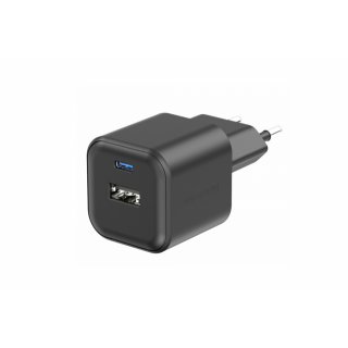 SWISSTEN síťový mini adaptér GaN 1x USB-C 20W PD + 1x USB-A 18W QC, černá barva