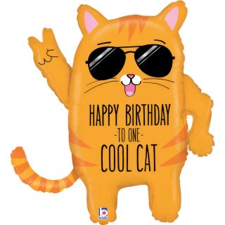 Fóliový balónek Kočka Happy Birthday to one Cool cat, oranžová barva (zn. GRABO)