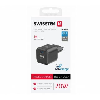 SWISSTEN síťový mini adaptér GaN 1x USB-C 20W PD + 1x USB-A 18W QC, černá barva