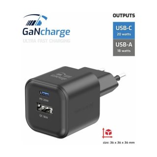 SWISSTEN síťový mini adaptér GaN 1x USB-C 20W PD + 1x USB-A 18W QC, černá barva