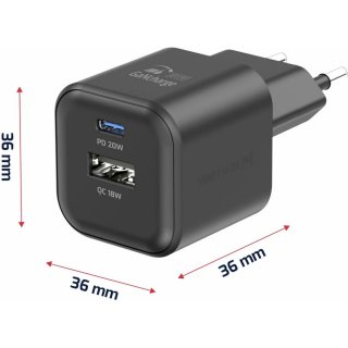 SWISSTEN síťový mini adaptér GaN 1x USB-C 20W PD + 1x USB-A 18W QC, černá barva