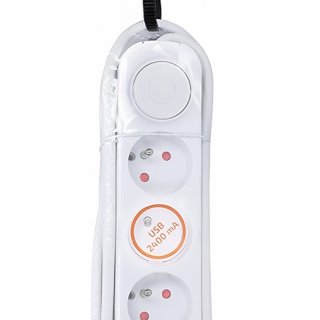 3místný prodlužovací zásuvkový přívod s USB A+C nabíječkou 2.4A, 3 x 1mm2, bílý, vypínač, délka 2m (zn. SOLIGHT)