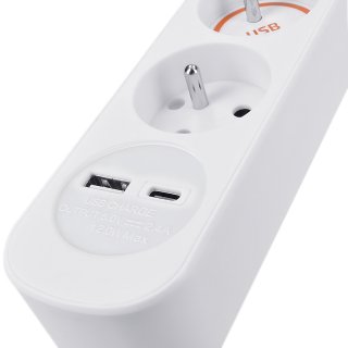 3místný prodlužovací zásuvkový přívod s USB A+C nabíječkou 2.4A, 3 x 1mm2, bílý, vypínač, délka 2m (zn. SOLIGHT)
