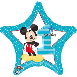 Foliový balónek Mickey Mouse - 1. narozeniny / 1st Birthday, modrá hvězda, 45cm (zn. Anagram)