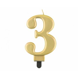 Svíčka na dort, ČÍSLICE 3, zlatá metalická barva - velikost 8cm (zn. Godan-kolekce Beauty&Charm)