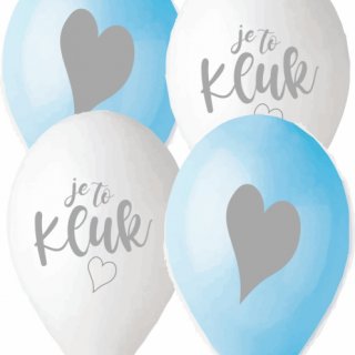 Latexové balónky JE TO KLUK na oslavu odhalení pohlaví / zapíjení dítěte, stříbrno-modré, velikost 30cm - set 5ks (zn. GEMAR)