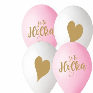 Latexové balónky JE TO HOLKA na oslavu odhalení pohlaví / zapíjení dítěte, růžovo-bílé, velikost 30cm - set 5ks (zn. GEMAR)