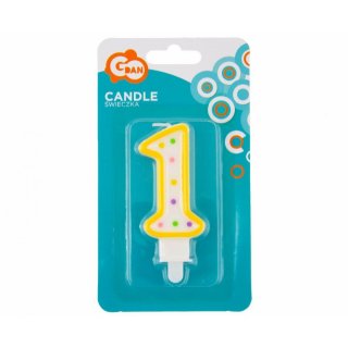 Dortová svíčka, ČÍSLICE 1, barevná s puntíky, velikost 7.5cm (zn. Godan)