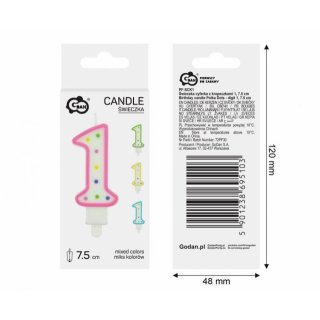Dortová svíčka, ČÍSLICE 1, barevná s puntíky, velikost 7.5cm (zn. Godan)