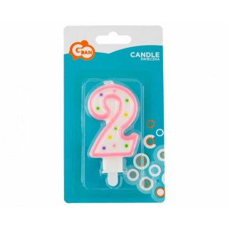 Dortová svíčka, ČÍSLICE 2, barevná s puntíky, velikost 7.5cm (zn. Godan)