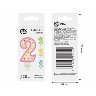 Dortová svíčka, ČÍSLICE 2, barevná s puntíky, velikost 7.5cm (zn. Godan)