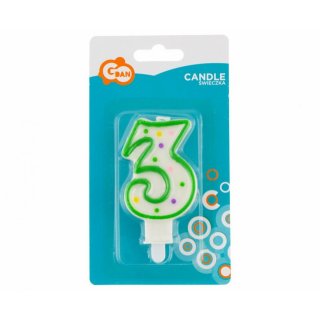 Dortová svíčka, ČÍSLICE 3, barevná s puntíky, velikost 7.5cm (zn. Godan)