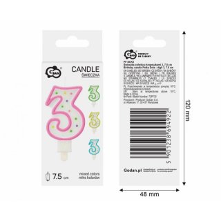 Dortová svíčka, ČÍSLICE 3, barevná s puntíky, velikost 7.5cm (zn. Godan)