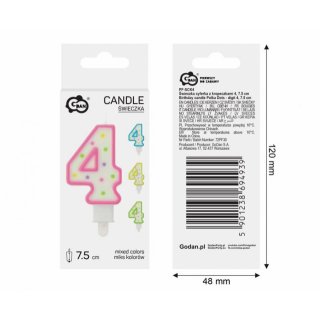 Dortová svíčka, ČÍSLICE 4, barevná s puntíky, velikost 7.5cm (zn. Godan)