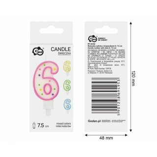 Dortová svíčka, ČÍSLICE 6, barevná s puntíky, velikost 7.5cm (zn. Godan)