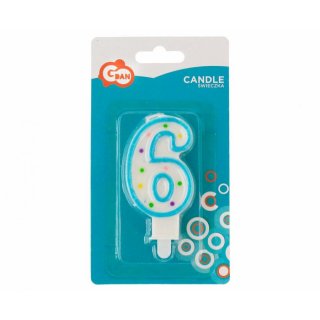 Dortová svíčka, ČÍSLICE 6, barevná s puntíky, velikost 7.5cm (zn. Godan)