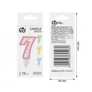 Dortová svíčka, ČÍSLICE 7, barevná s puntíky, velikost 7.5cm (zn. Godan)