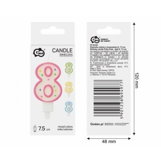 Dortová svíčka, ČÍSLICE 8, barevná s puntíky, velikost 7.5cm (zn. Godan)