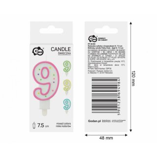 Dortová svíčka, ČÍSLICE 9, barevná s puntíky, velikost 7.5cm (zn. Godan)