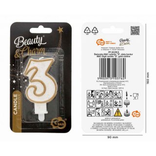 Dortová svíčka, ČÍSLICE 3, zlatá barva - obrys, velikost 7.5cm (zn. Godan)