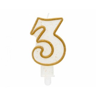 Dortová svíčka, ČÍSLICE 3, zlatá barva - obrys, velikost 7.5cm (zn. Godan)