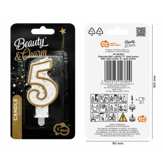 Dortová svíčka, ČÍSLICE 5, zlatá barva - obrys, velikost 7.5cm (zn. Godan)