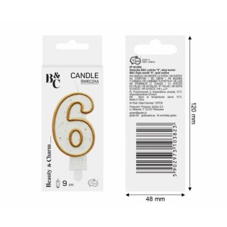 Dortová svíčka, ČÍSLICE 6, zlatá barva - obrys, velikost 7.5cm (zn. Godan)