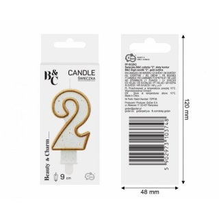 Dortová svíčka, ČÍSLICE 2, zlatá barva - obrys, velikost 7.5cm (zn. Godan)