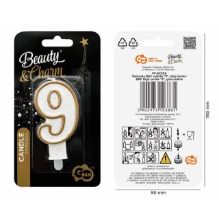 Dortová svíčka, ČÍSLICE 9, zlatá barva - obrys, velikost 7.5cm (zn. Godan)