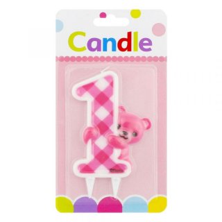 Svíčka JUMBO - Růžový Teddy Medvídek, číslo 1 na první narozeniny holčičky (zn. Godan)