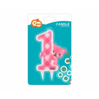 Svíčka JUMBO - Růžový Teddy Medvídek, číslo 1 na první narozeniny holčičky (zn. Godan)