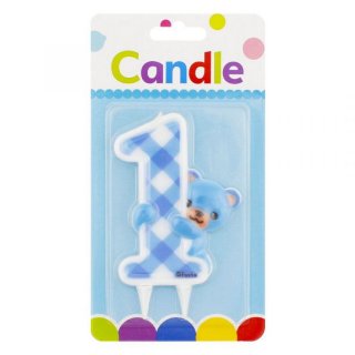 Svíčka JUMBO - Modrý Teddy Medvídek, číslo 1 na první narozeniny chlapečka (zn. Godan)