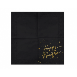 Ubrousky Happy New Year, rozměr 33x33cm, černé se třpytivě zlatým nápisem, set 20ks (zn. PartyDeco)