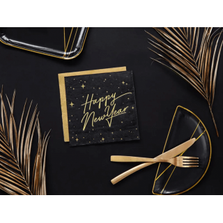 Ubrousky Happy New Year, rozměr 33x33cm, černé se třpytivě zlatým nápisem, set 20ks (zn. PartyDeco)