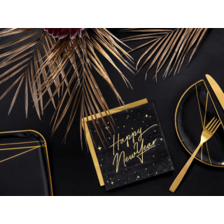 Ubrousky Happy New Year, rozměr 33x33cm, černé se třpytivě zlatým nápisem, set 20ks (zn. PartyDeco)