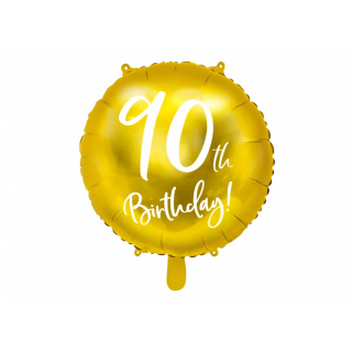 Fóliový balónek pro 90. narozeniny / 90th Birthday, kulatý, zlatý, 45cm (zn. PartyDeco)