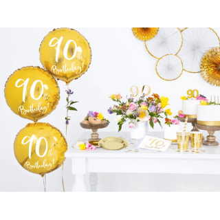 Fóliový balónek pro 90. narozeniny / 90th Birthday, kulatý, zlatý, 45cm (zn. PartyDeco)