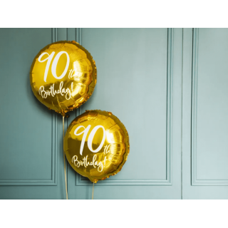 Fóliový balónek pro 90. narozeniny / 90th Birthday, kulatý, zlatý, 45cm (zn. PartyDeco)