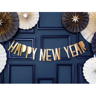 Závěsný banner Happy New Year, zlatý, metalický (zn. PartyDeco)