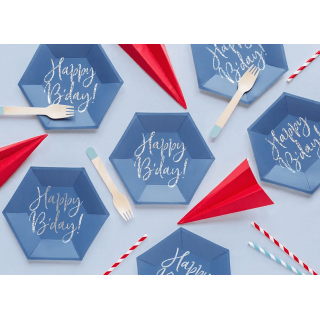 Papírové talířky Happy B´day, modré, 20cm, set 6ks (zn. PartyDeco)