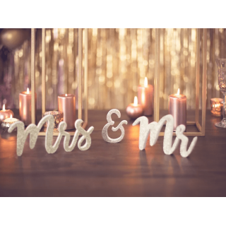 Svatební dřevěný nápis Mr & Mrs, zlatý glitrovaný (zn. PartyDeco)