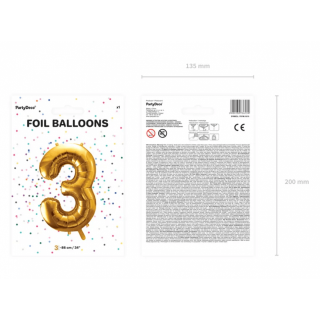 Fóliová ČÍSLICE 3, zlatá barva, velikost 86cm (zn. PartyDeco)