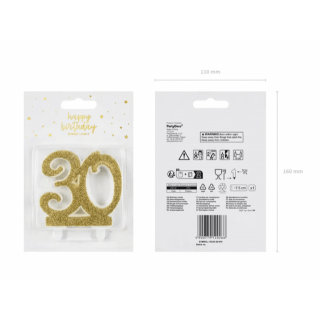 Dortová svíčka 30 pro 30. narozeniny, 8cm, zlatá barva s glitry (zn. PartyDeco)