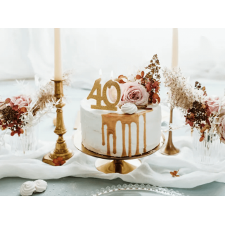 Dortová svíčka 40 pro 40. narozeniny, 8cm, zlatá barva s glitry (zn. PartyDeco)