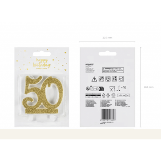 Dortová svíčka 50 pro 50. narozeniny, 8cm, zlatá barva s glitry (zn. PartyDeco)