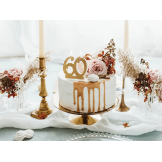 Dortová svíčka 60 pro 60. narozeniny, 8cm, zlatá barva s glitry (zn. PartyDeco)