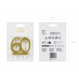 Dortová svíčka 60 pro 60. narozeniny, 8cm, zlatá barva s glitry (zn. PartyDeco)